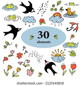 Baby cute frogs, ducks, umbrella, flovers spring set. Vector seamless Set spring ellemens. Rain, water, for children, for printing and children's games in the water.