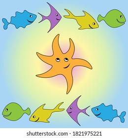 Baby cute funny seamless pattern with fish. Starfish smiling in the center