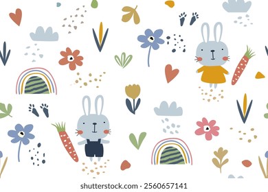 Baby cute handmade seamless pattern, rabbits boys and girls, carrots, flowers, different elements in pastel colors. Flat design for kids on white background, great for banners, wallpaper, packaging