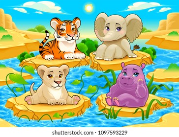 Baby cute Jungle animals in a natural landscape. Vector cartoon illustration.