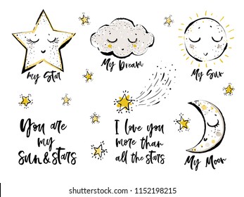 Baby Cute Print Elements. Cloud, Cute Star, Sun, Moon, You Are My Sun And Stars Text, I Love You More Than All The Stars Text, Falling Star, Little Stars. Simple Doodle Illustration. White Background.