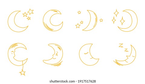 Bebé adorable elementos de impresión luna creciente. Icono de línea de vector con simple luna de doodle.