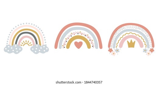 Baby cute rainbow graphic illustration. Vector cute rainbow with clouds. Pastel colors. Baby illustrations. Kids background. Childish scandinavian print for kids, baby, nursery decor