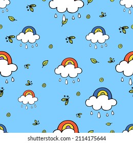Baby cute rainbow on cloud, spring leaves. Vector seamless pattern. Rain, water, anti-leakage for children, for printing and children's games in the water. background blue and color characters