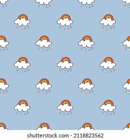 Baby cute rainbow on cloud, spring leaves. Vector seamless pattern. Rain, water, anti-leakage for children, for printing and children's games in the water. background isolated and color characters