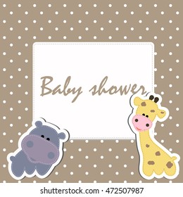 baby cute round frame with giraffe and Hippo on background with circles points . pattern to decorate greetings or album page or scrapbook. Vector illustration. Baby shower or arrival