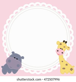 baby cute round frame with a Hippo and a giraffe pink background. pattern to decorate greetings or album page or scrapbook. Vector illustration. Baby shower or arrival
