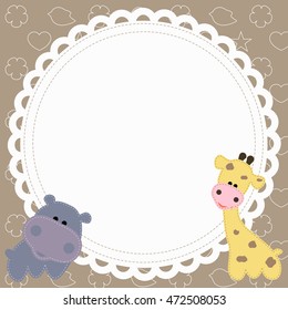 baby cute round frame with a Hippo and a giraffe at the children's background. pattern to decorate greetings or album page or scrapbook. Vector illustration. Baby shower or arrival