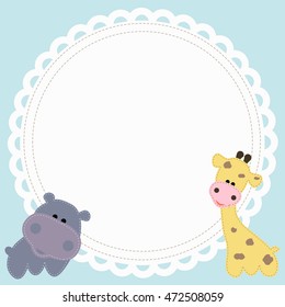 baby cute round frame with a Hippo and a giraffe on a blue background. pattern to decorate greetings or album page or scrapbook. Vector illustration. Baby shower or arrival
