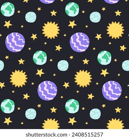 Baby cute seamless pattern with space elements on dark background. Hand drawn flat cartoon style. Vector illustration