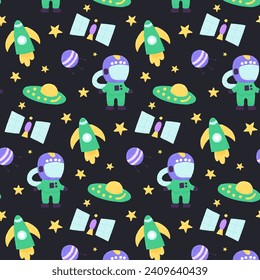 Baby cute seamless pattern with space elements on dark background. Hand drawn flat cartoon style. Vector illustration