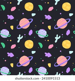 Baby cute seamless pattern with space elements on dark background. Hand drawn flat cartoon style. Vector illustration
