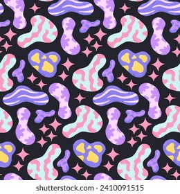 Baby cute seamless pattern with space elements on dark background. Hand drawn flat cartoon style. Vector illustration