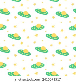 Baby cute seamless pattern with space elements on white background. Hand drawn flat cartoon style. Vector illustration