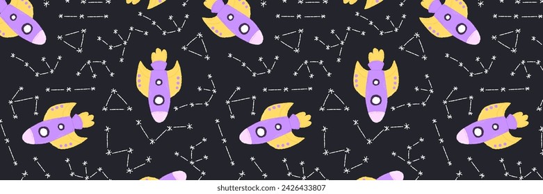 Baby cute seamless pattern with space elements on dark background. Hand drawn flat cartoon style. Vector illustration