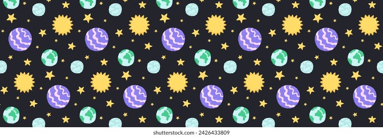 Bebé lindo patrón sin fisuras con elementos de espacio sobre fondo oscuro. Dibujado a mano estilo plano de dibujos animados. Ilustración de vector