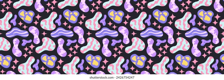 Baby niedliches nahtloses Muster mit Raumelementen auf dunklem Hintergrund. Handgezeichneter flacher Cartoon-Stil. Vektorgrafik