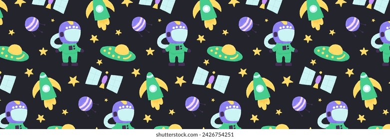 Baby cute seamless pattern with space elements on dark background. Hand drawn flat cartoon style. Vector illustration