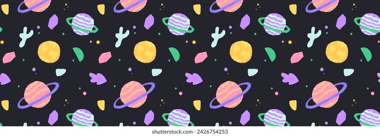 Baby niedliches nahtloses Muster mit Raumelementen auf dunklem Hintergrund. Handgezeichneter flacher Cartoon-Stil. Vektorgrafik