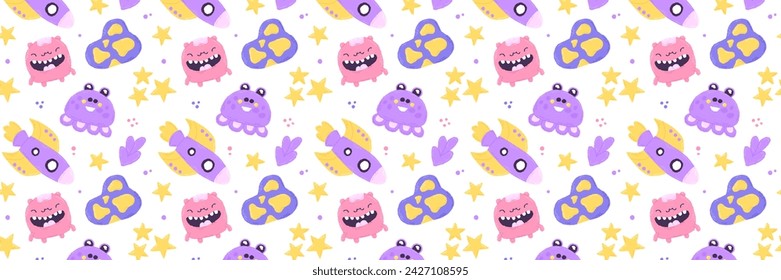 Baby cute seamless pattern with space elements on white background. Hand drawn flat cartoon style. Vector illustration