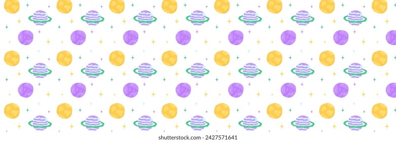 Baby cute seamless pattern with space elements on white background. Hand drawn flat cartoon style. Vector illustration
