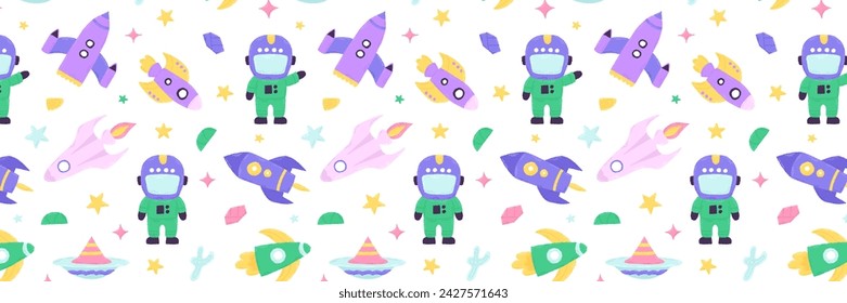Baby cute seamless pattern with space elements on white background. Hand drawn flat cartoon style. Vector illustration