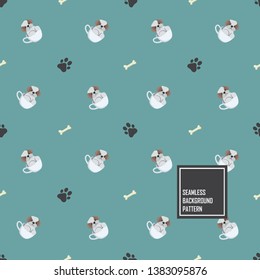 Baby cute shi-tzu puppy in a tea cup with bone and footprint  seamless pattern background.