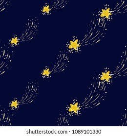 Baby cute sky seamless pattern background with falling star. Simple doodle hand drawn illustration in watercolor scandinavian style. White, yellow graphic on black background.