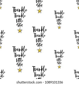 Baby cute sky seamless pattern background with twinkle twinkle little star text. Black, golden yellow graphic on white background.
