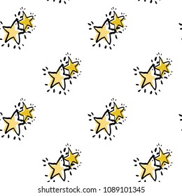 Baby cute sky seamless pattern background with doodle stars. Simple doodle hand drawn illustration in watercolor scandinavian style. Black, yellow graphic on white background.
