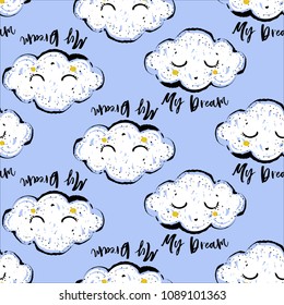Baby cute sky seamless pattern background with cartoon cloud. Simple doodle hand drawn illustration in watercolor scandinavian style. White, yellow, gray, black graphic on sky blue background.