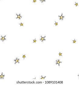 Baby cute sky seamless pattern background with doodle stars. Simple doodle hand drawn illustration in watercolor scandinavian style. Black, yellow graphic on white background.