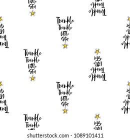 Baby cute sky seamless pattern background with twinkle twinkle little star text. Black, golden yellow graphic on white background.
