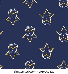 Baby cute sky seamless pattern background with cute star. Simple doodle hand drawn illustration in watercolor scandinavian style. White, yellow graphic on dark blue background.