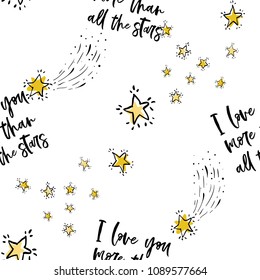 Baby cute sky seamless pattern background with love and doodle gold stars. Simple doodle hand drawn illustration in watercolor scandinavian style. Black, golden yellow graphic on white background.