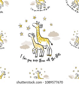 Baby cute sky seamless pattern background with giraffe family. Simple doodle hand drawn illustration in watercolor scandinavian style. Black, yellow, gray graphic on white background.