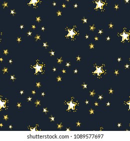 Baby cute sky seamless pattern background with little stars. Simple doodle hand drawn illustration in watercolor scandinavian style. White, golden, gray graphic on black blue background.