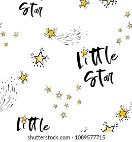 Baby cute sky seamless pattern background with little star text and golden stars. Doodle hand drawn illustration in watercolor scandinavian style. Black, gold yellow, gray graphic on white background.