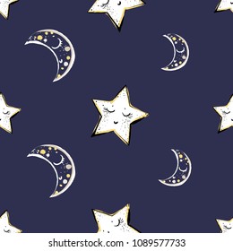 Baby cute sky seamless pattern background with cute star and crescent moon. Simple doodle hand drawn illustration in watercolor scandinavian style. White, yellow graphic on dark blue background.