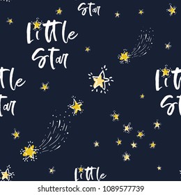 Baby cute sky seamless pattern background with little star text and golden stars. Doodle hand drawn illustration in watercolor scandinavian style. White, gold, gray graphic on dark blue background.