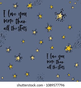 Baby cute sky seamless pattern background with love and doodle gold stars. Simple doodle hand drawn illustration in watercolor scandinavian style. Black, golden yellow graphic on blue gray background.