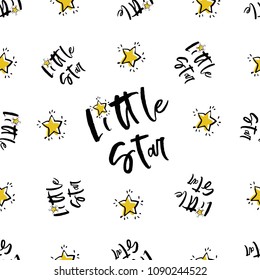 Baby cute sky seamless pattern background with little star text. Simple doodle hand drawn illustration in watercolor scandinavian style. Black, golden yellow graphic on white background.
