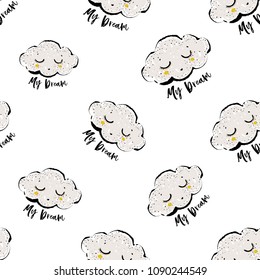 Baby cute sky seamless pattern background with cartoon cloud. Simple doodle hand drawn illustration in watercolor scandinavian style. Black, yellow, gray graphic on white background.