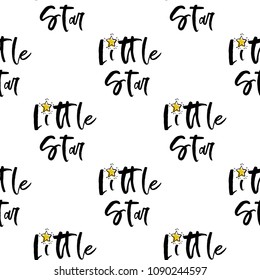 Baby cute sky seamless pattern background with little star text. Simple doodle hand drawn illustration in watercolor scandinavian style. Black, golden yellow graphic on white background.
