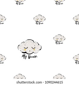 Baby cute sky seamless pattern background with cartoon cloud. Simple doodle hand drawn illustration in watercolor scandinavian style. Black, yellow, gray graphic on white background.