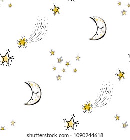 Baby cute sky seamless pattern background with crescent, doodle stars. Simple doodle hand drawn illustration in watercolor scandinavian style. Black, yellow, gray graphic on white background.