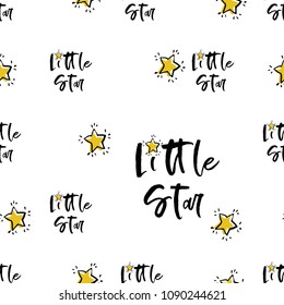 Baby cute sky seamless pattern background with little star text. Simple doodle hand drawn illustration in watercolor scandinavian style. Black, golden yellow graphic on white background.