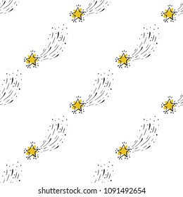 Baby cute sky seamless pattern background with falling star. Simple doodle hand drawn illustration in watercolor scandinavian style. Black, yellow graphic on white background.