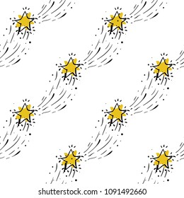 Baby cute sky seamless pattern background with falling star. Simple doodle hand drawn illustration in watercolor scandinavian style. Black, yellow graphic on white background.