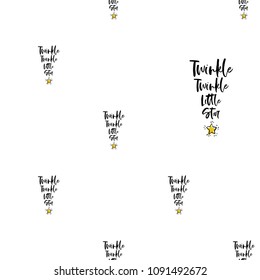 Baby cute sky seamless pattern background with twinkle twinkle little star text. Black, golden yellow graphic on white background.
